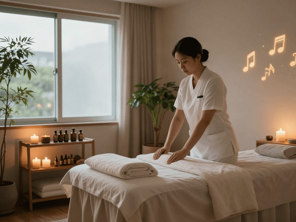 Relaxing massage therapy room for 서대문출장마사지 with calming ambiance and essential oils.