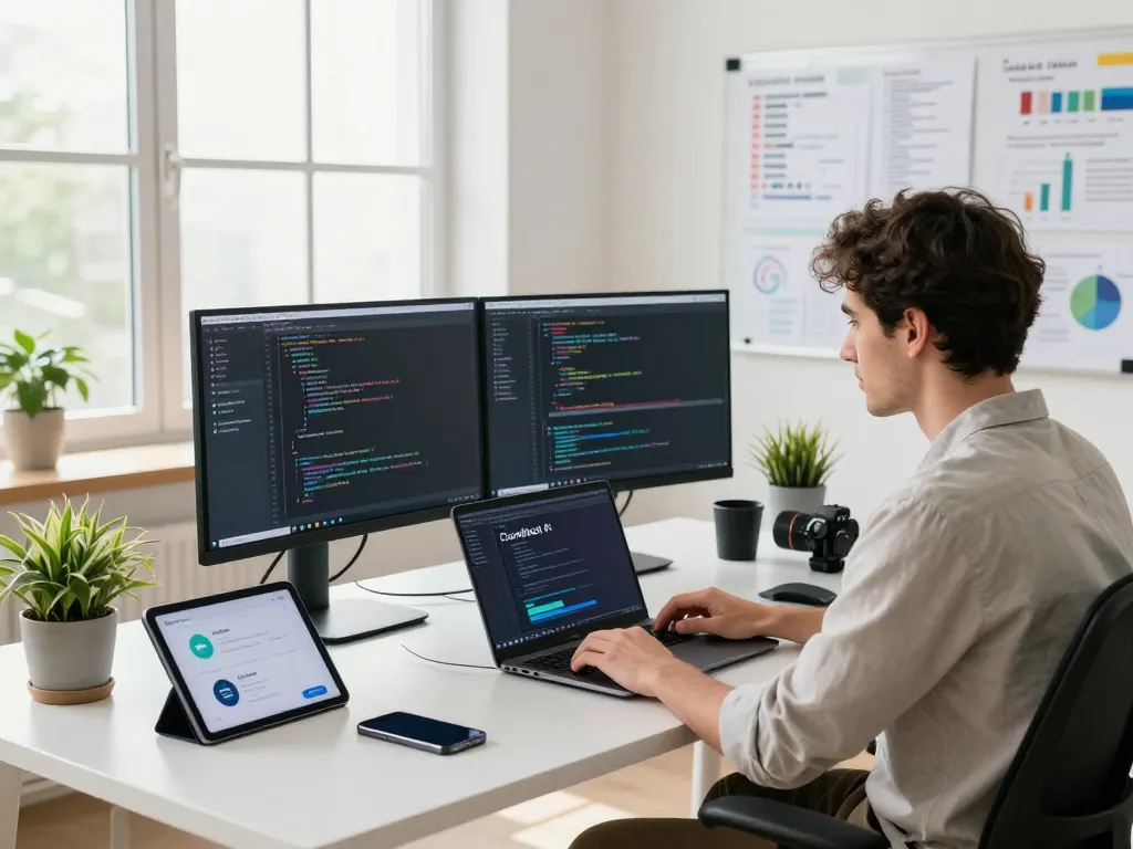 Software developer using clawdbot AI in a modern workspace, showcasing tech integration and productivity.