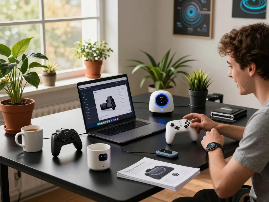 Person testing unique tech gadgets like Bluetooth controllers in a modern workspace.
