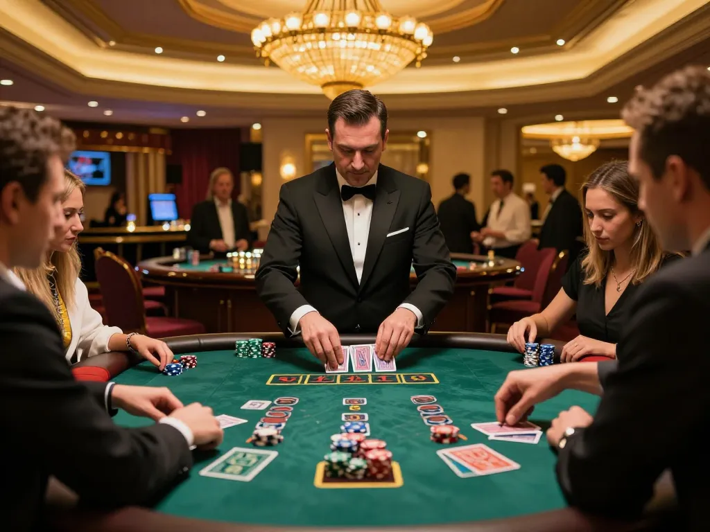 Players at a cm88 blackjack table strategizing bets in an upscale Vegas casino environment.