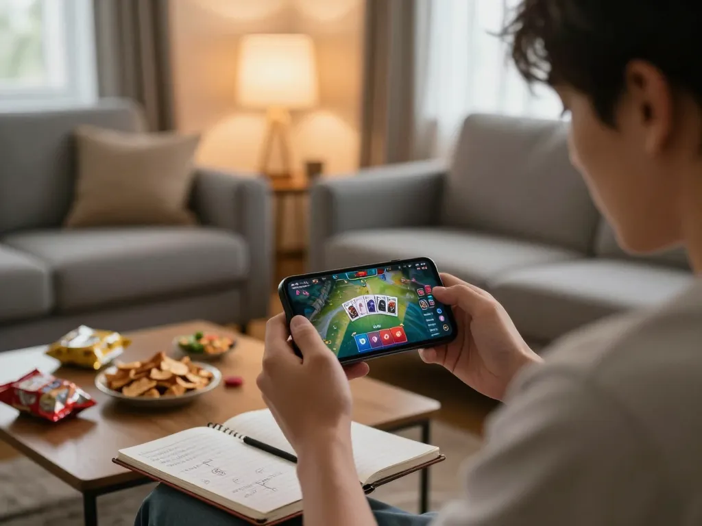 Engaging in game bài đổi thưởng on smartphone in a cozy home setting, surrounded by strategic materials.