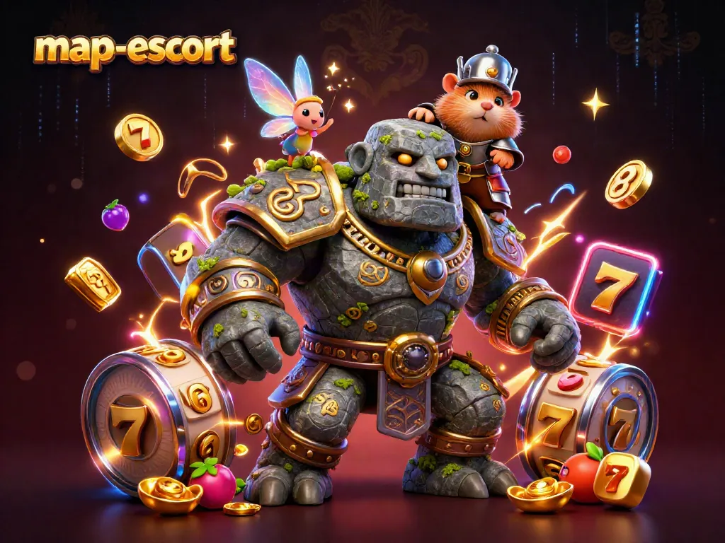 Engage in thrilling casino action with map-escort featuring a golem, fairy, and hamster knight amidst rich slot elements.