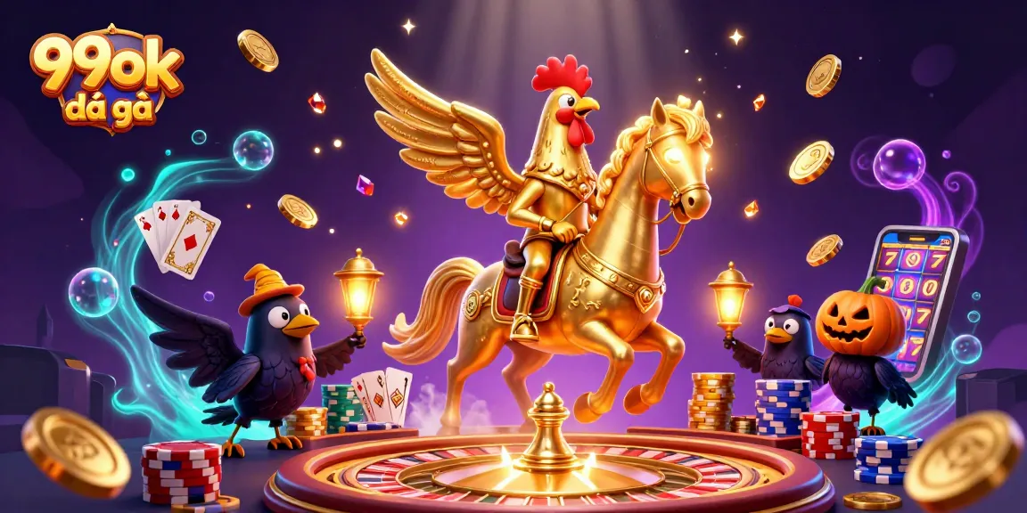 Engage with thrilling 99ok đá gà in this vibrant 3D casino illustration featuring a golden rooster.