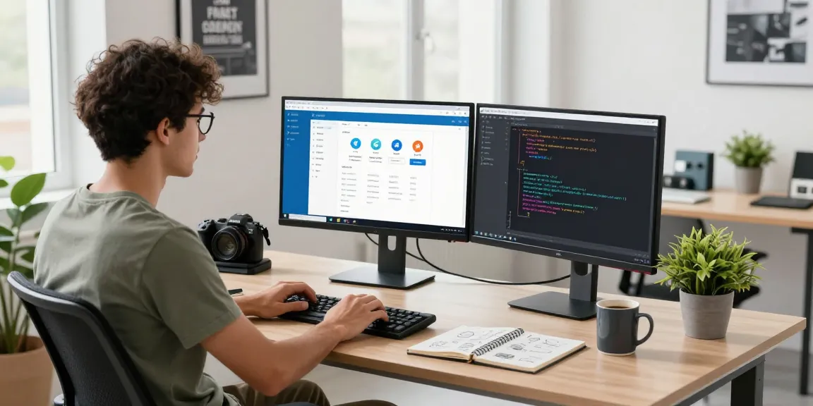 Download Telegram easily with streamlined setup in a modern workspace featuring coding and app interface.