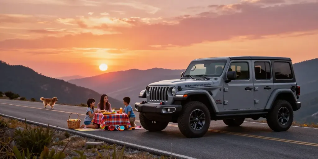 Noleggio lungo termine Jeep in un paesaggio montano al tramonto con una famiglia in picnic
