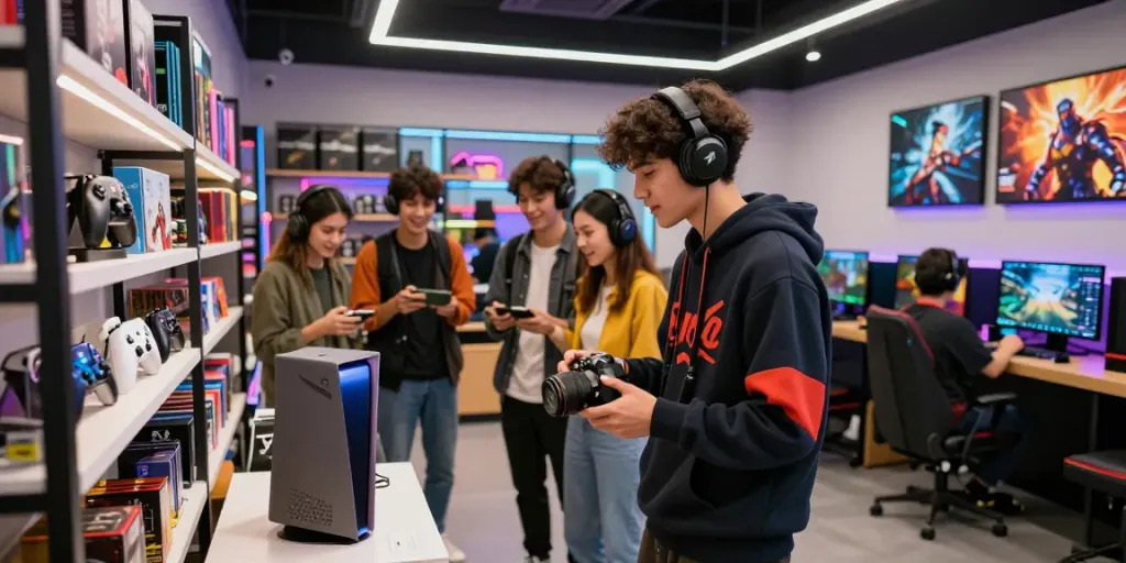 Friends exploring rokok88 merchandise store, examining gaming consoles and accessories.
