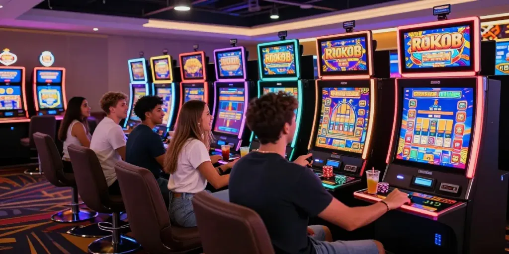 Friends celebrating together at a rokok88 slot machine in a lively casino.
