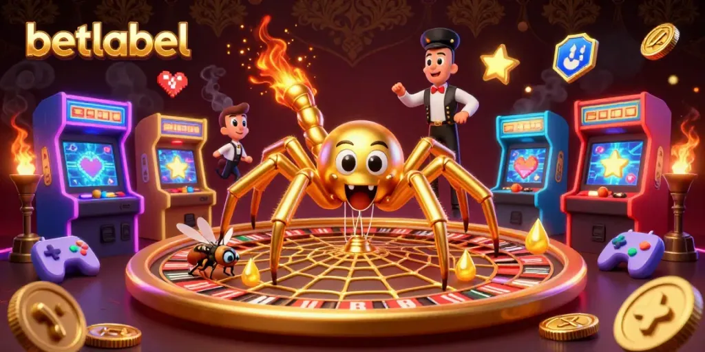 Engaging scene of a betting experience at BetLabel Casino with a golden spider and centipede croupier.