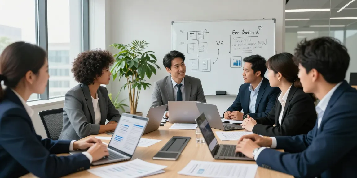 EE vs Three business plans discussion in a modern office setting showcasing team collaboration and analysis.