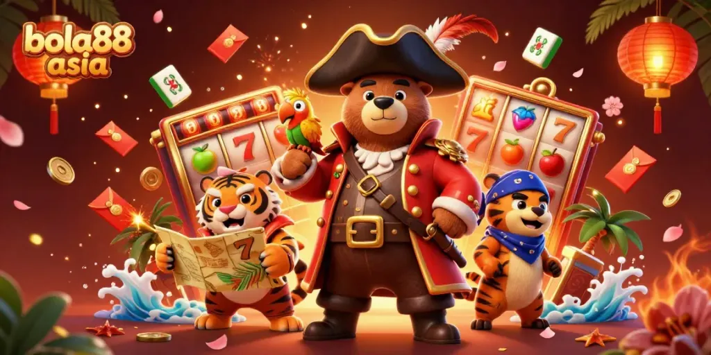 Bola88 asia showcases an exciting 3D pirate-themed casino scene with spinning slot reels and vibrant game elements.