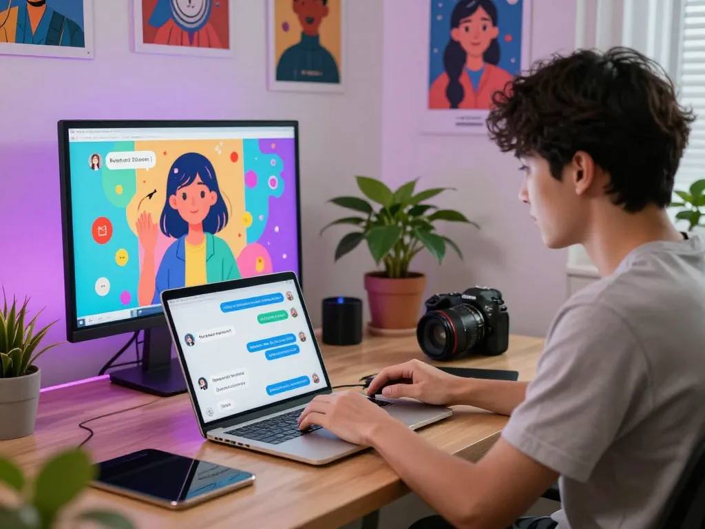 Engaging in nsfw ai chat with vibrant digital characters in a cozy home office.