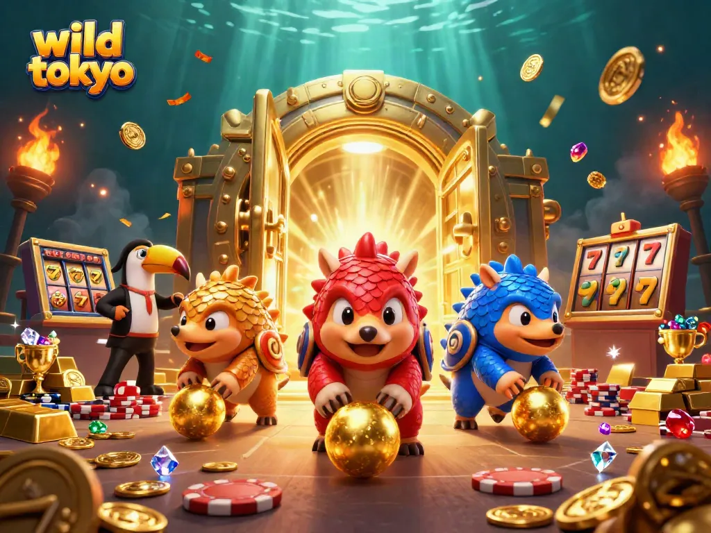 Engaging scene with wild tokyo-themed pangolins bowling through poker chips, showcasing vibrant casino excitement